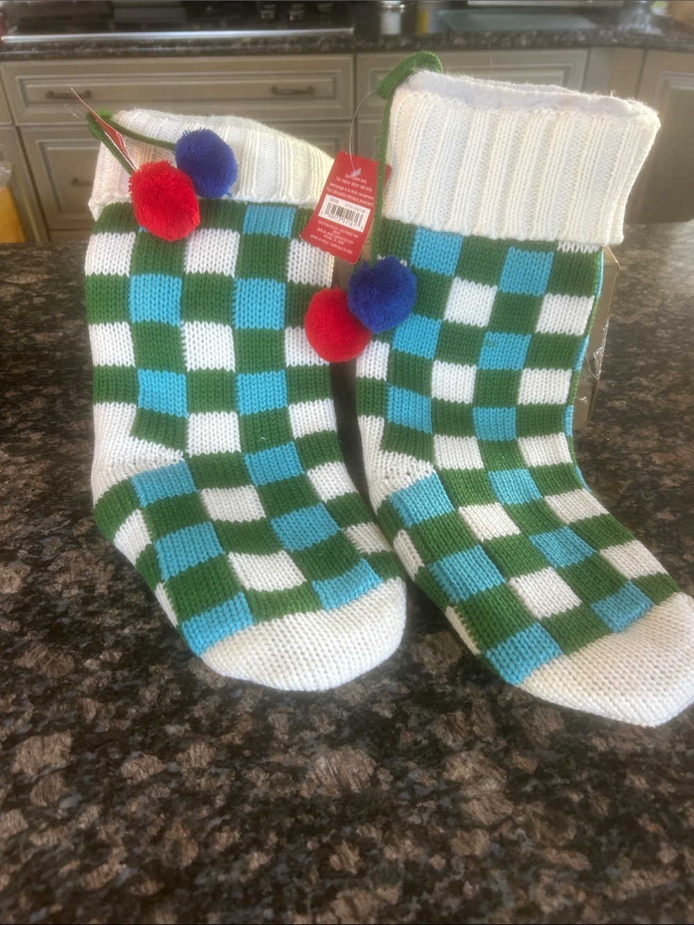 ASHLAND CHECKED KNIT CHRISTMAS STOCKINGS W POM POMS LOT OF 2 NWT